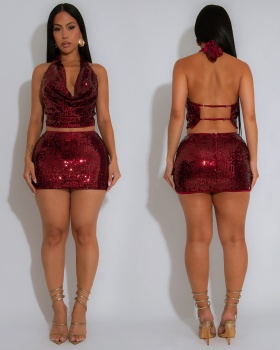 Fashion sequins short skirt European style tops 2pcs set
