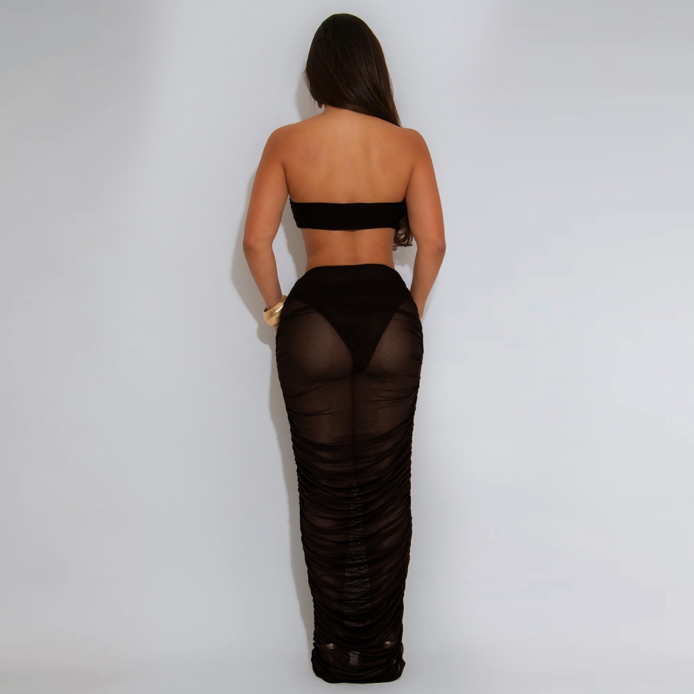 Sexy gauze wrapped chest long skirt 2pcs set for women