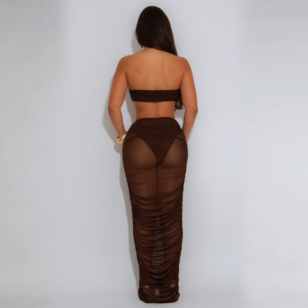 Sexy gauze wrapped chest long skirt 2pcs set for women
