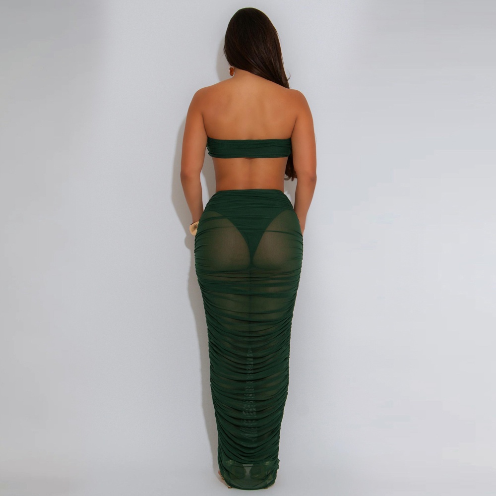 Sexy gauze wrapped chest long skirt 2pcs set for women