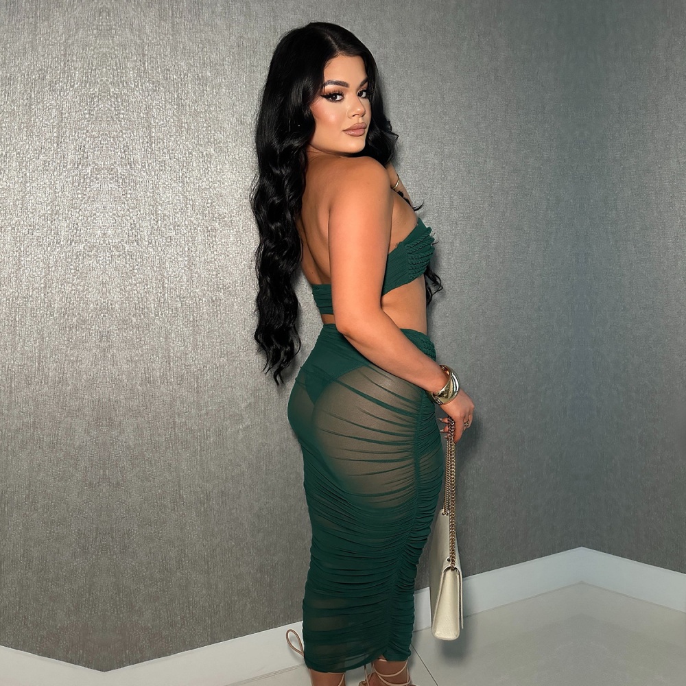 Sexy gauze wrapped chest long skirt 2pcs set for women
