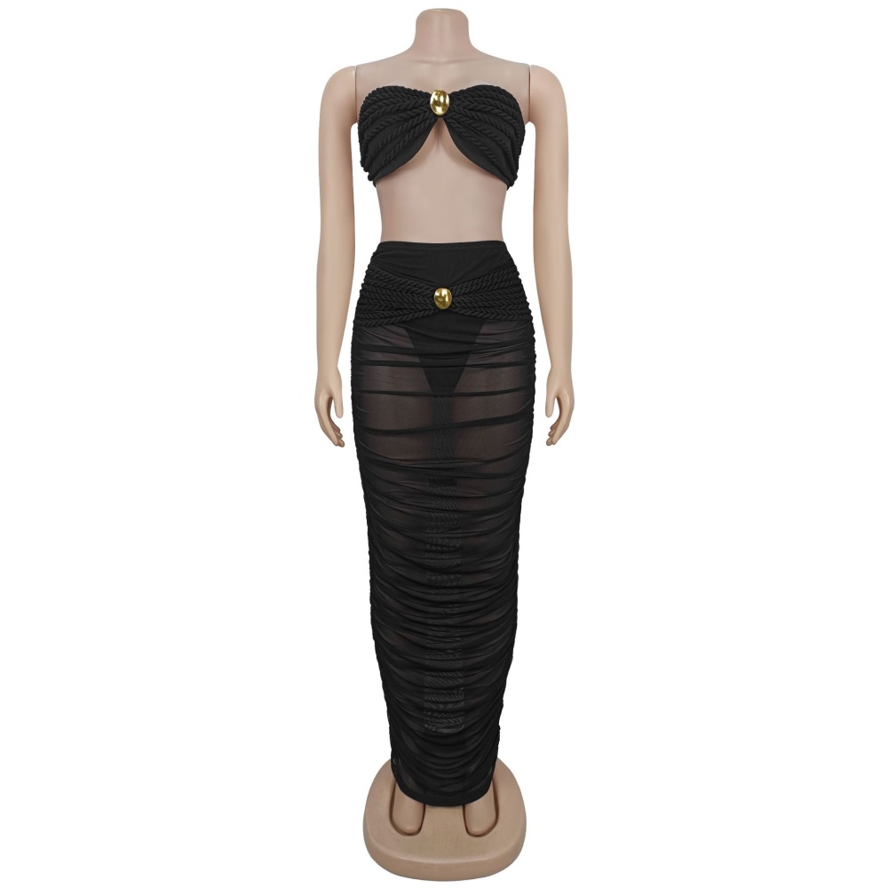 Sexy gauze wrapped chest long skirt 2pcs set for women