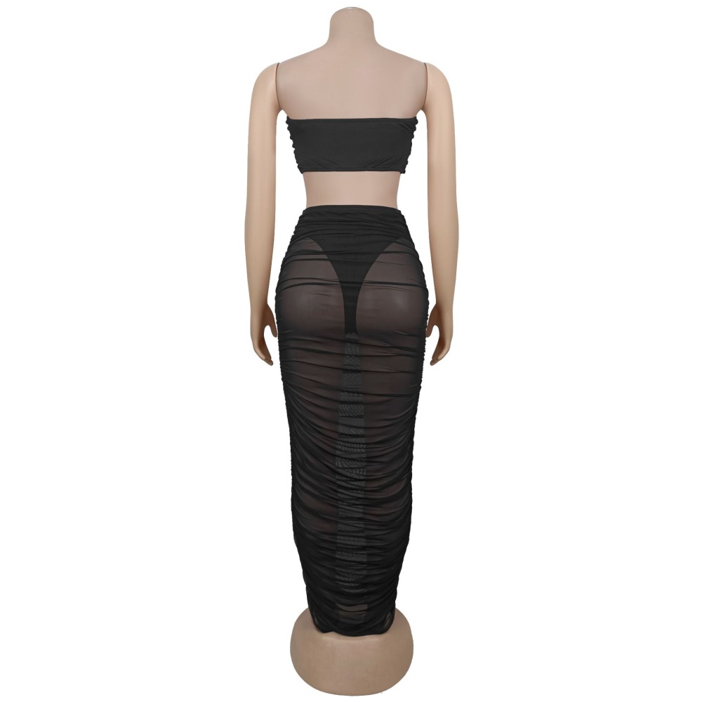 Sexy gauze wrapped chest long skirt 2pcs set for women