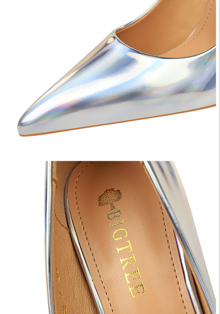 Metal high-heeled glossy pointed patent leather shoes