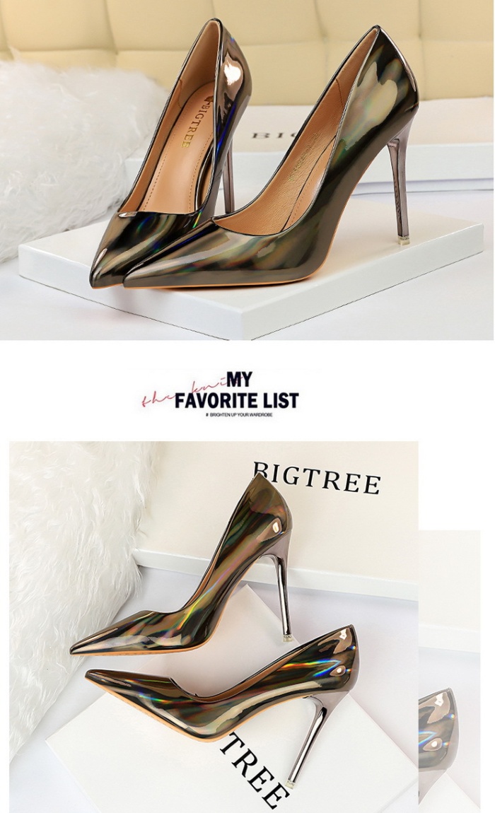 Metal high-heeled glossy pointed patent leather shoes