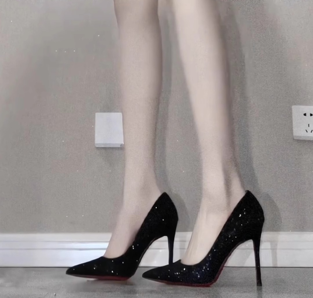 Pointed high-heeled summer rhinestone black fine-root shoes