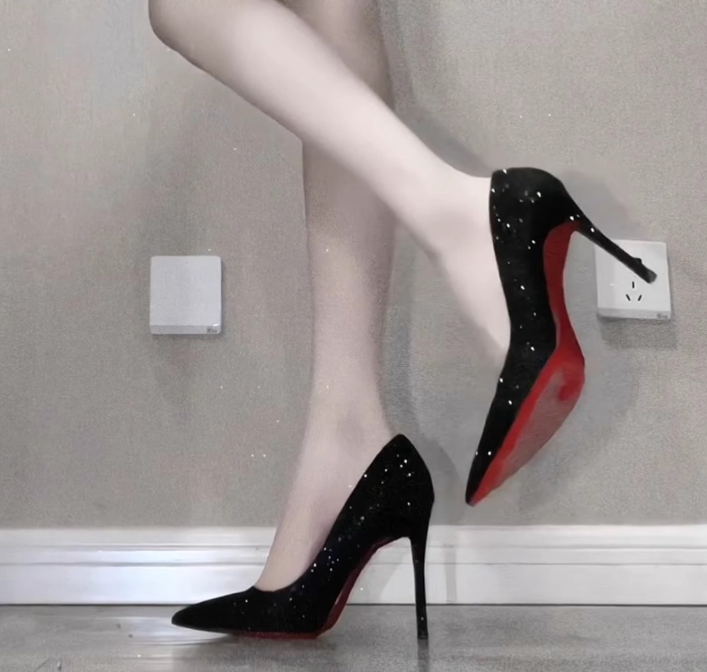 Pointed high-heeled summer rhinestone black fine-root shoes