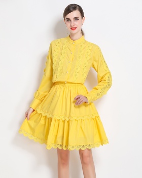 Court style splice lace France style cstand collar skirt 2pcs set