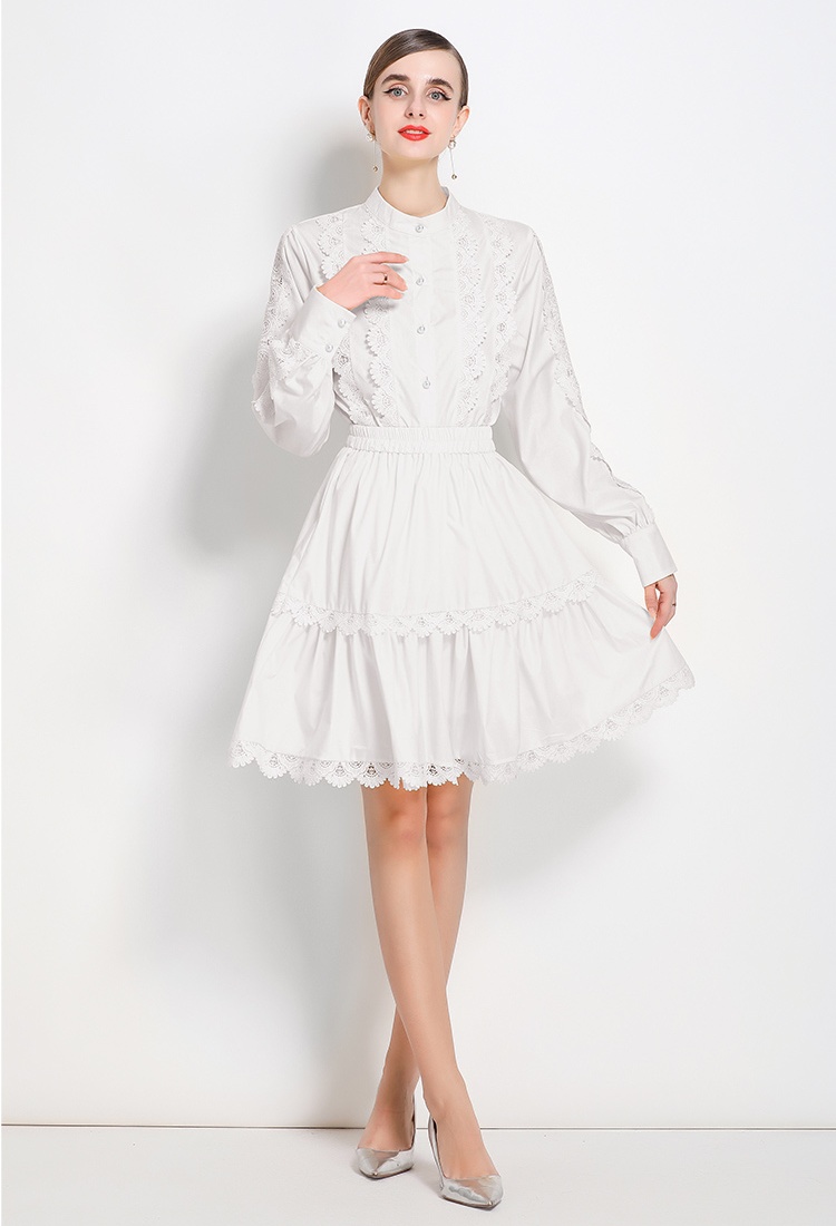 Court style splice lace France style cstand collar skirt 2pcs set