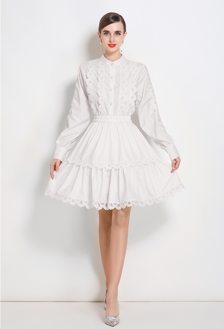 Court style splice lace France style cstand collar skirt 2pcs set