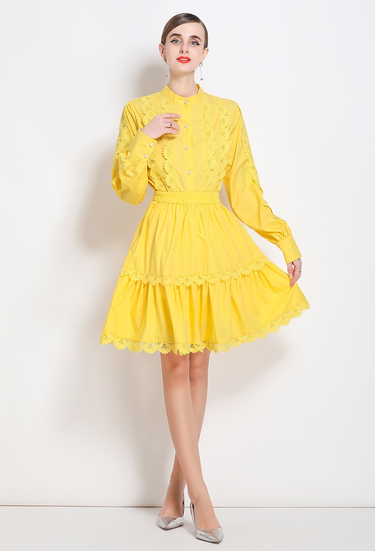 Court style splice lace France style cstand collar skirt 2pcs set