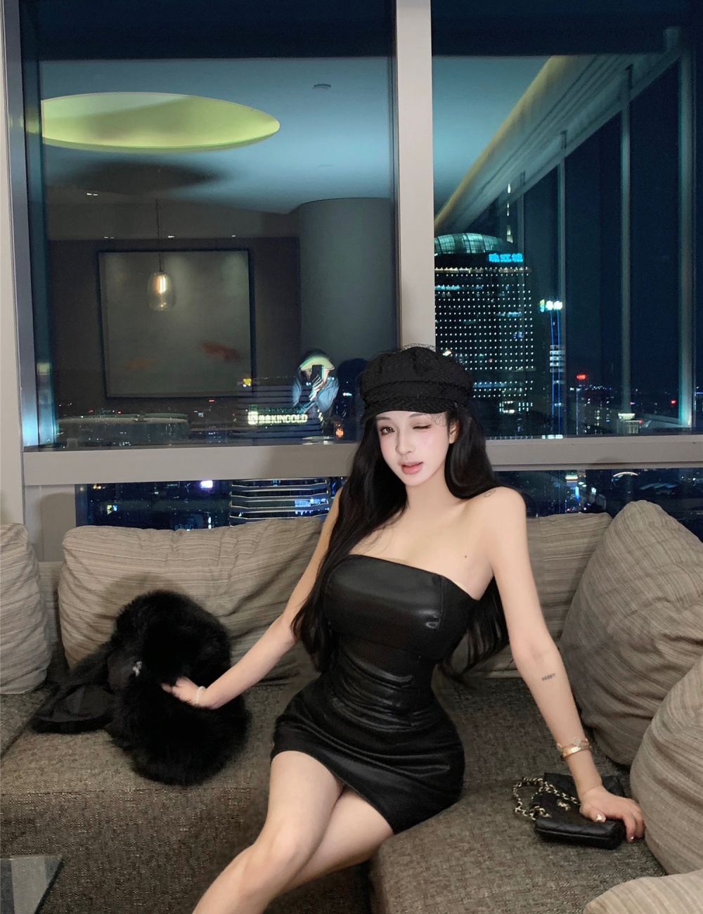 Sexy package hip T-back temperament black dress for women