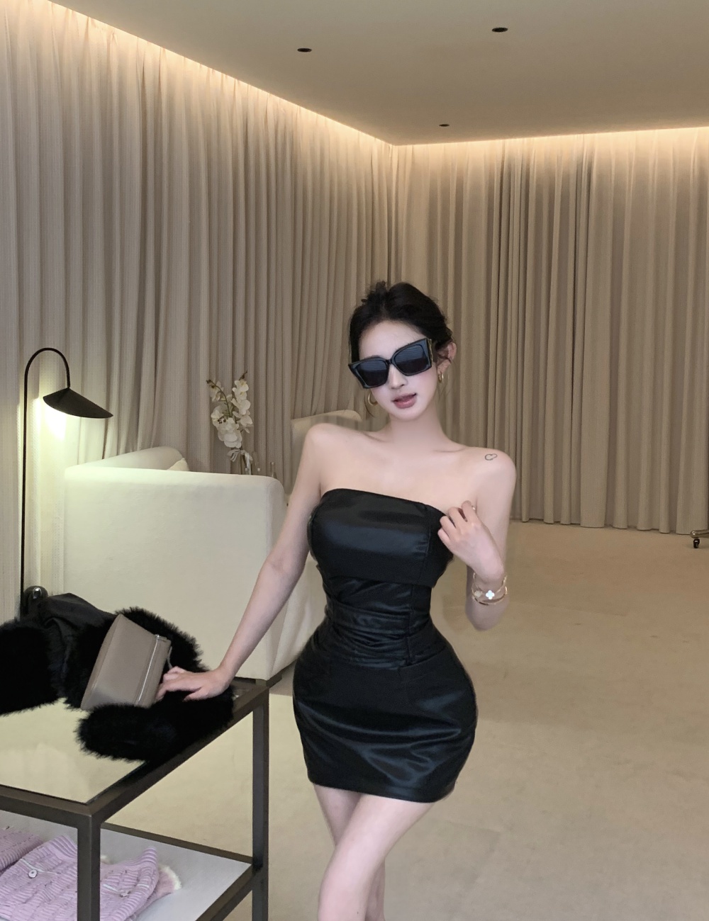Sexy package hip T-back temperament black dress for women