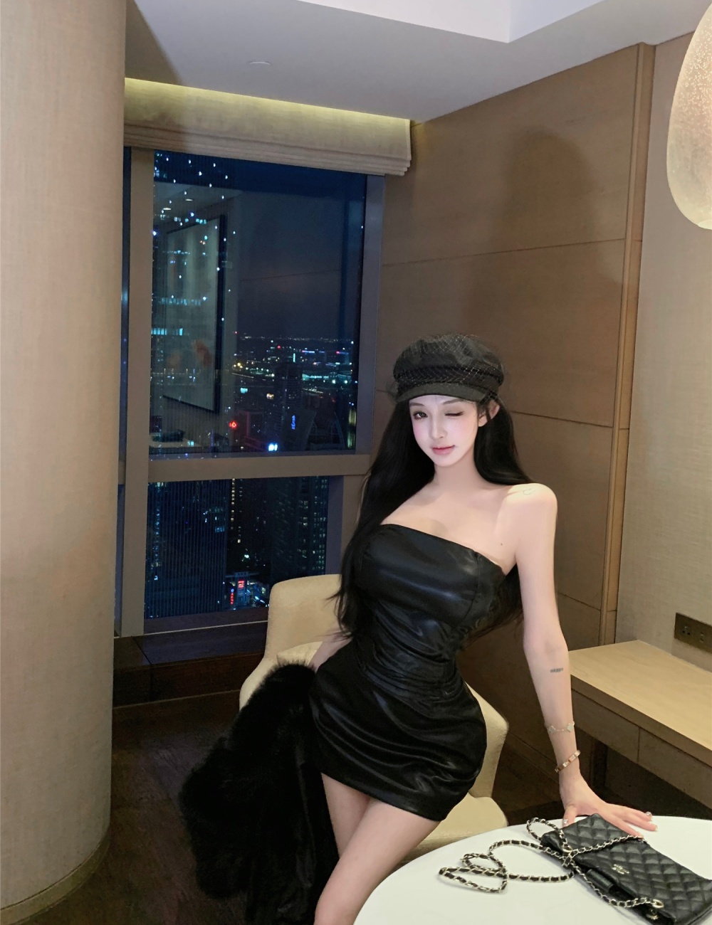 Sexy package hip T-back temperament black dress for women