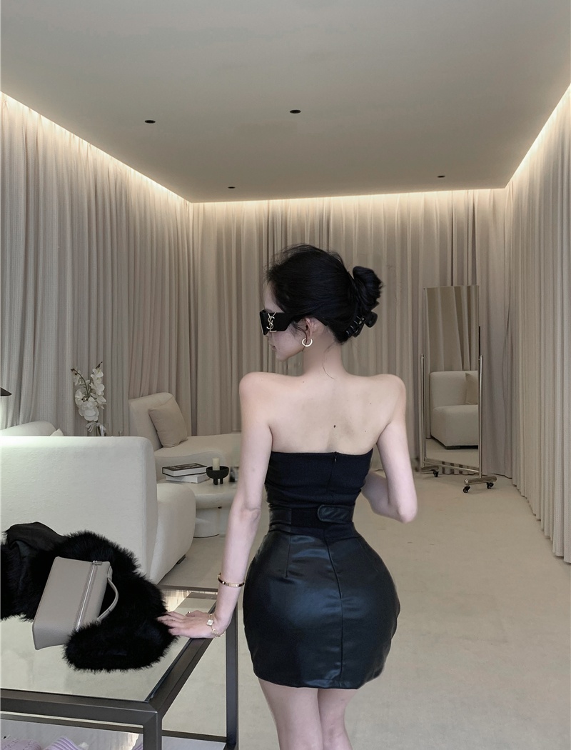 Sexy package hip T-back temperament black dress for women