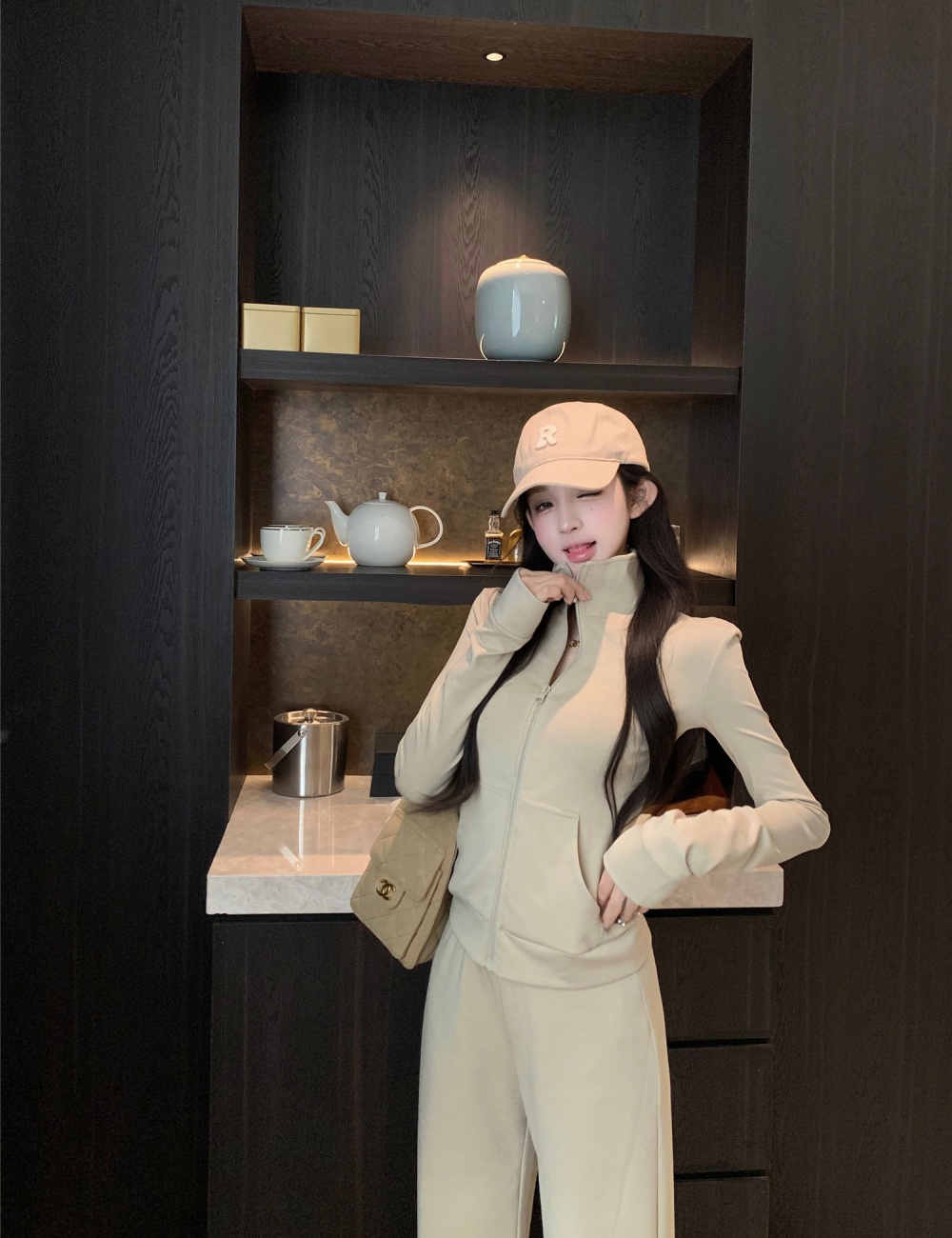 Straight pants cardigan elasticity tops 2pcs set