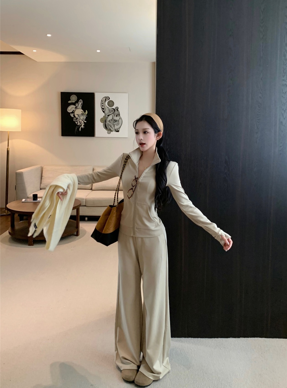 Straight pants cardigan elasticity tops 2pcs set