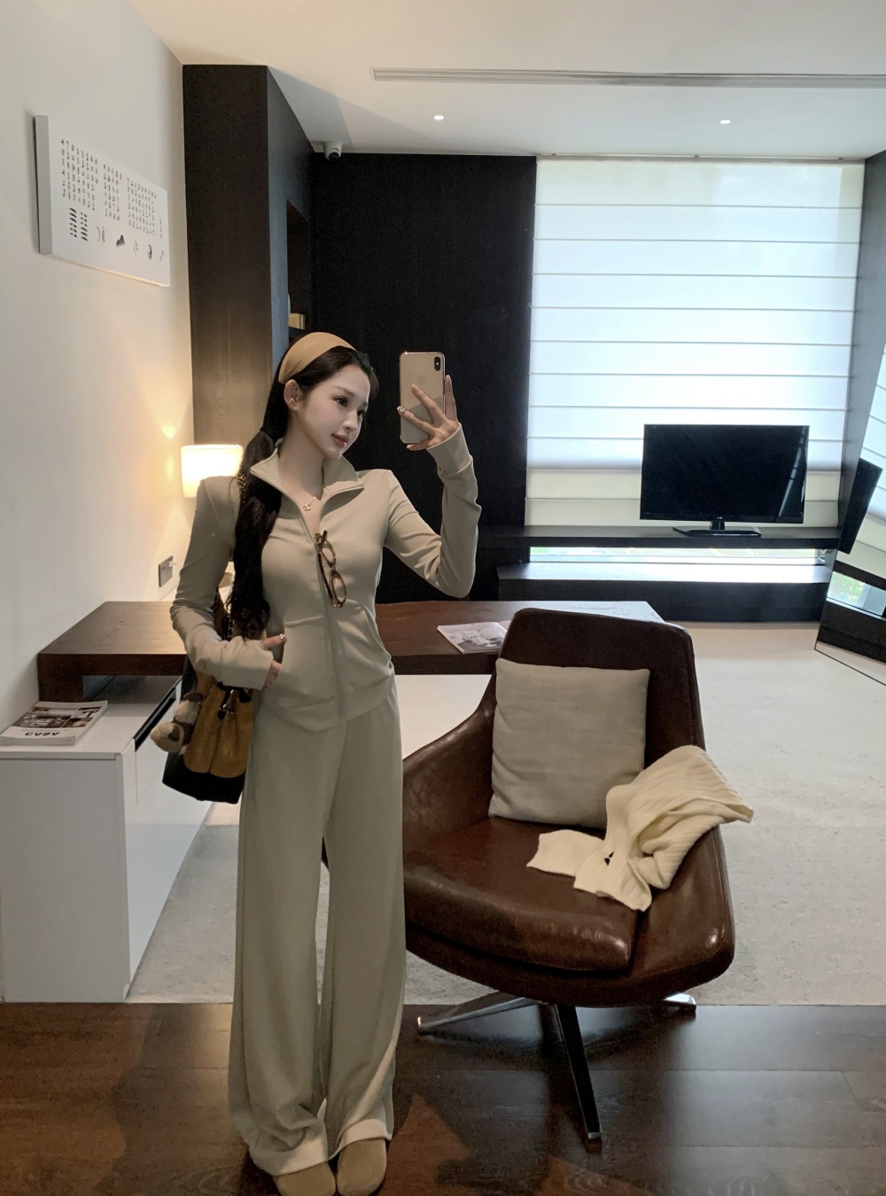 Straight pants cardigan elasticity tops 2pcs set