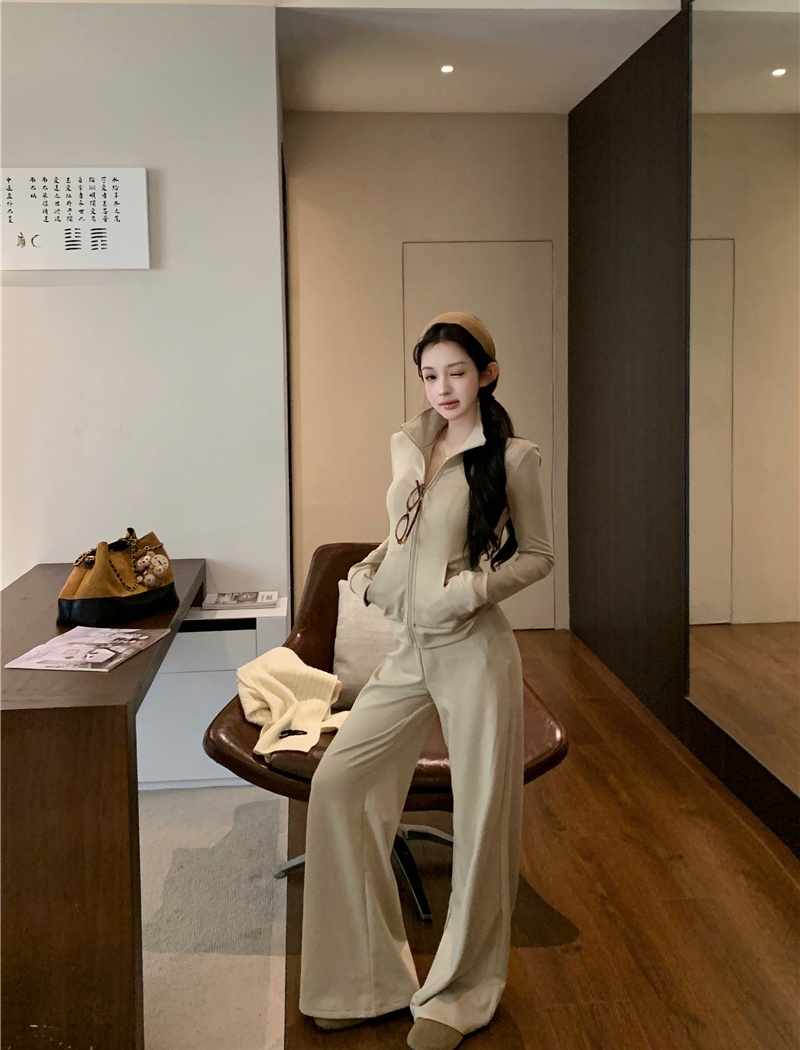 Straight pants cardigan elasticity tops 2pcs set