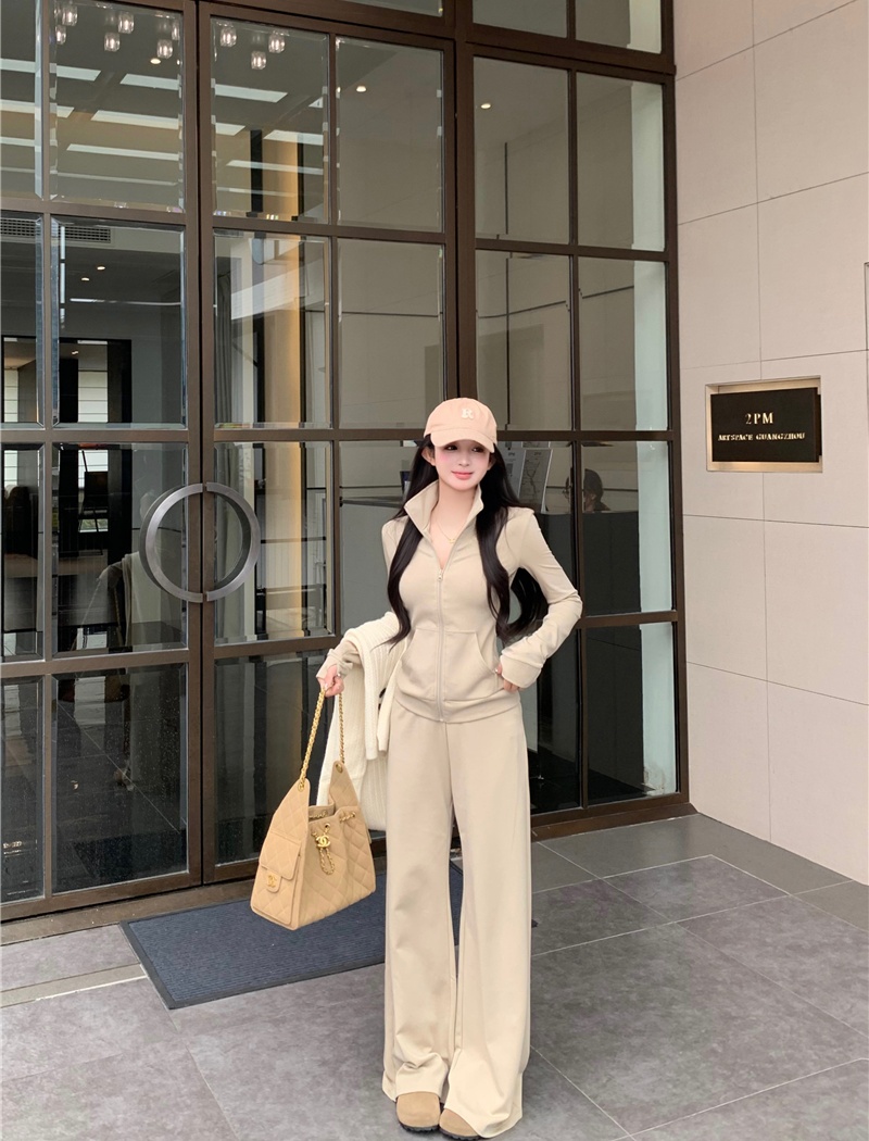 Straight pants cardigan elasticity tops 2pcs set