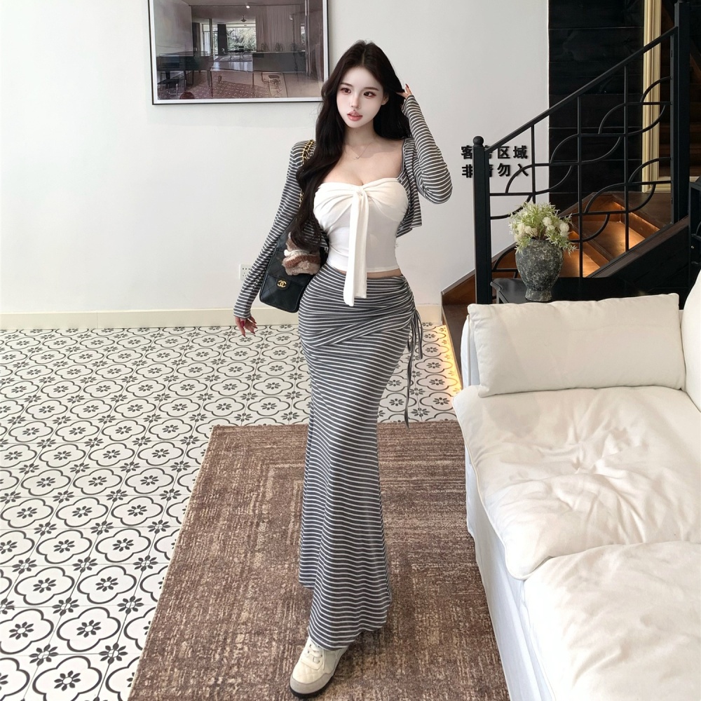 Short enticement cardigan high waist tops 3pcs set