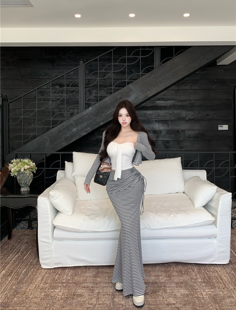Short enticement cardigan high waist tops 3pcs set
