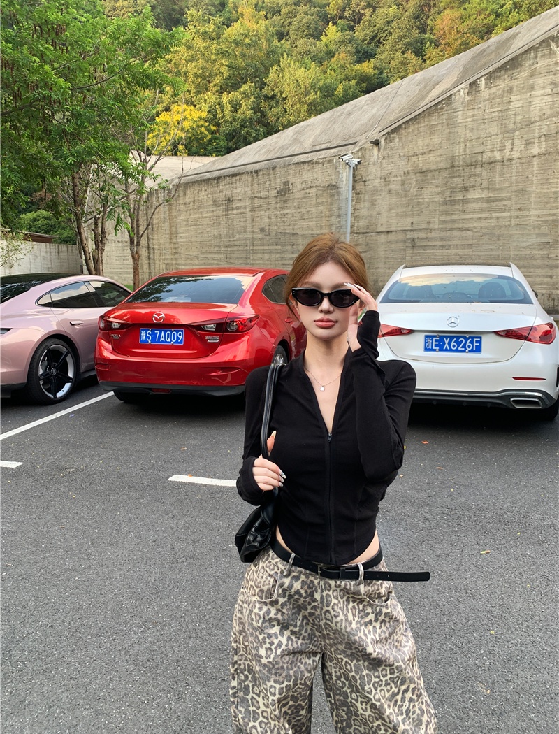 Halter long sleeve slim casual pants loose zip V-neck tops