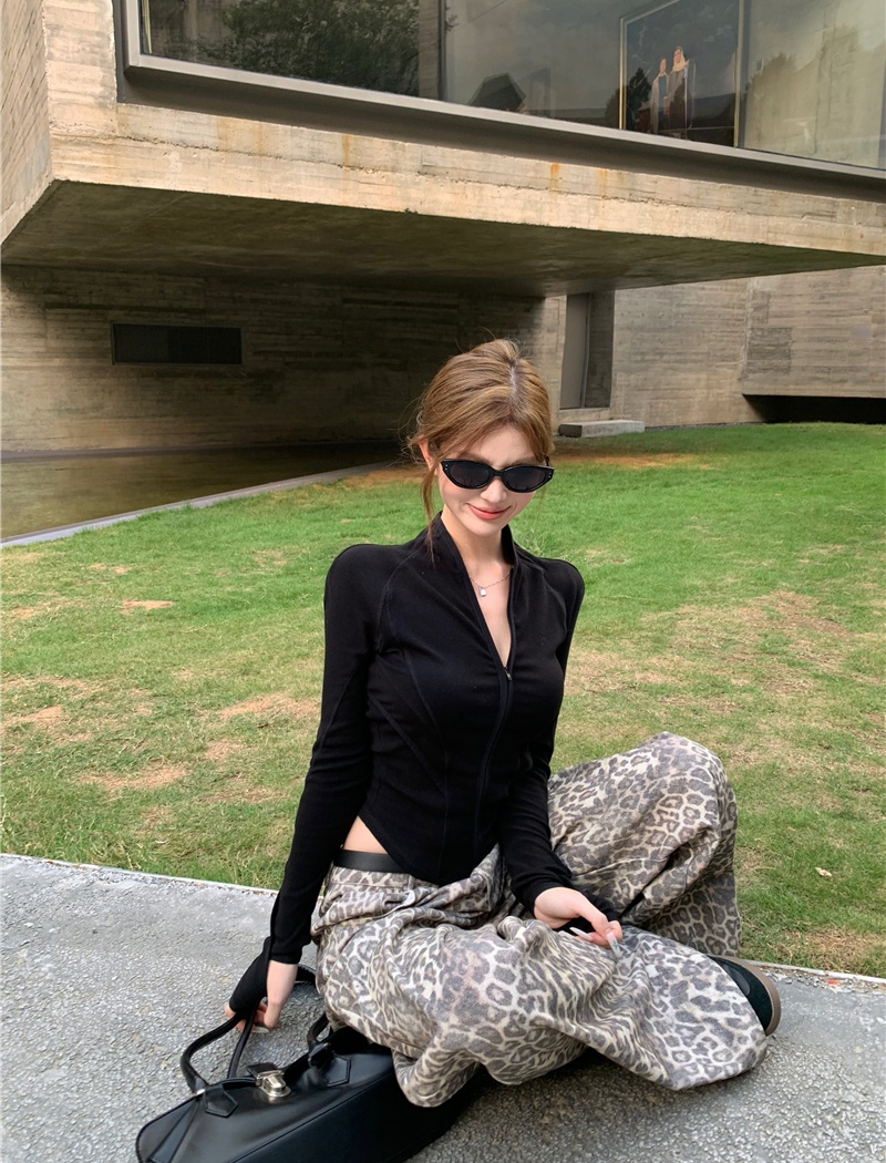 Halter long sleeve slim casual pants loose zip V-neck tops