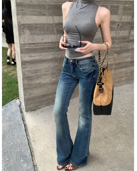 Sleeveless retro tops half high collar jeans a set