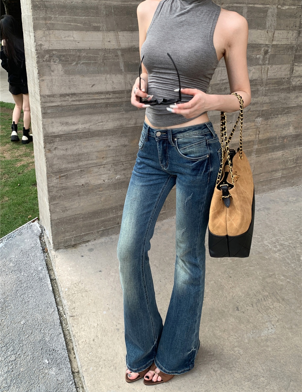 Sleeveless retro tops half high collar jeans a set