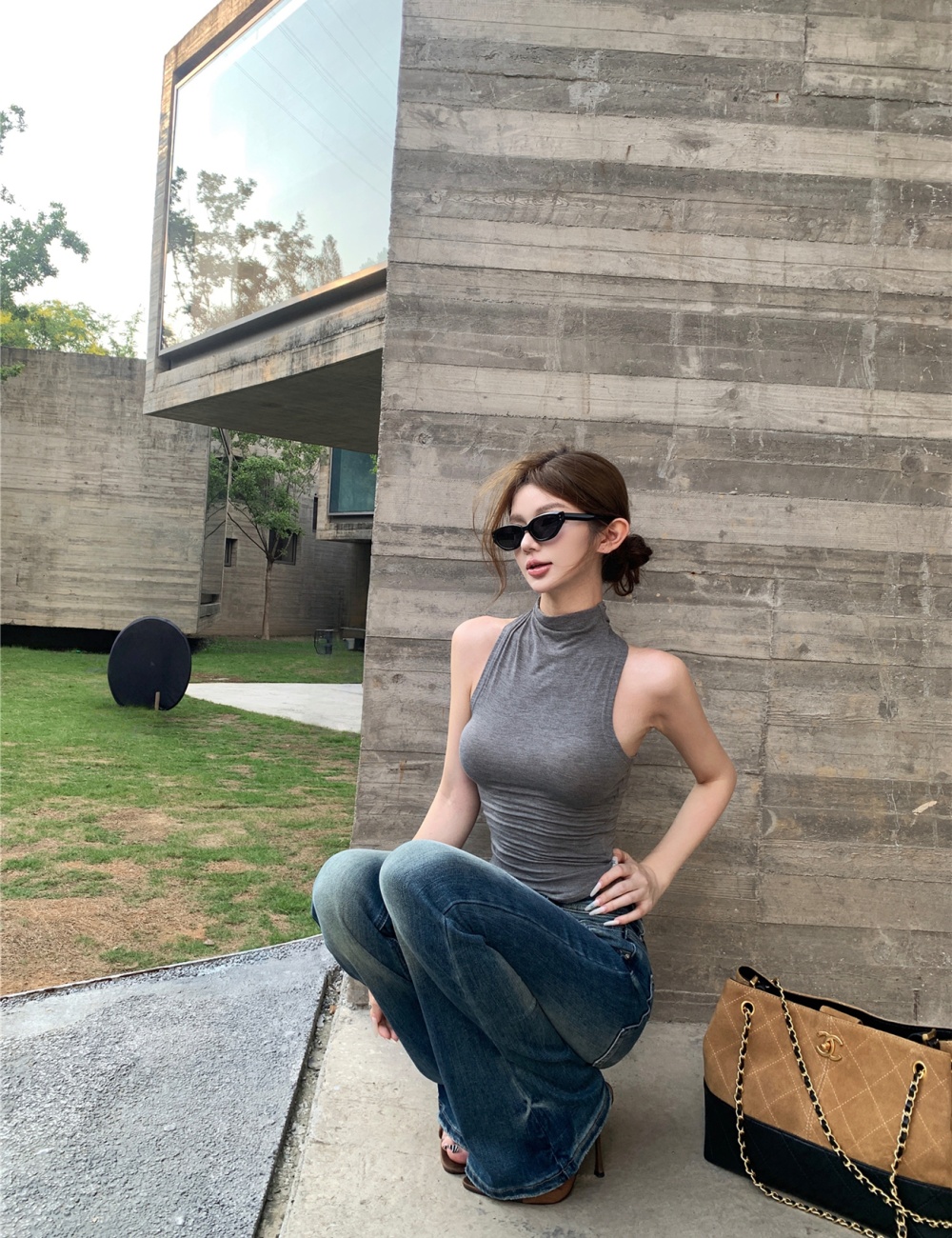 Sleeveless retro tops half high collar jeans a set