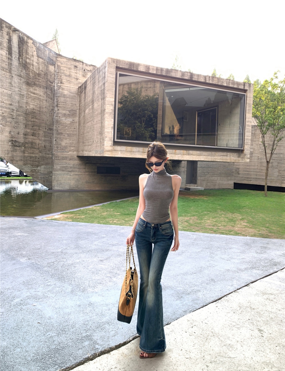 Sleeveless retro tops half high collar jeans a set