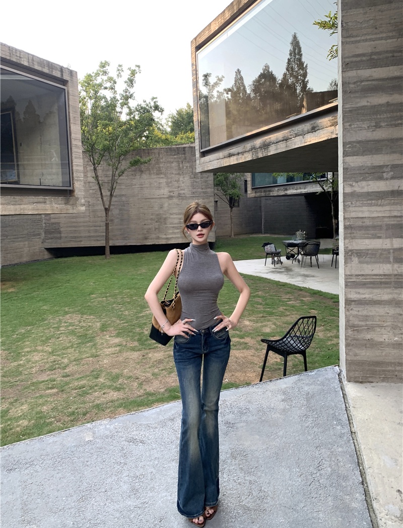 Sleeveless retro tops half high collar jeans a set