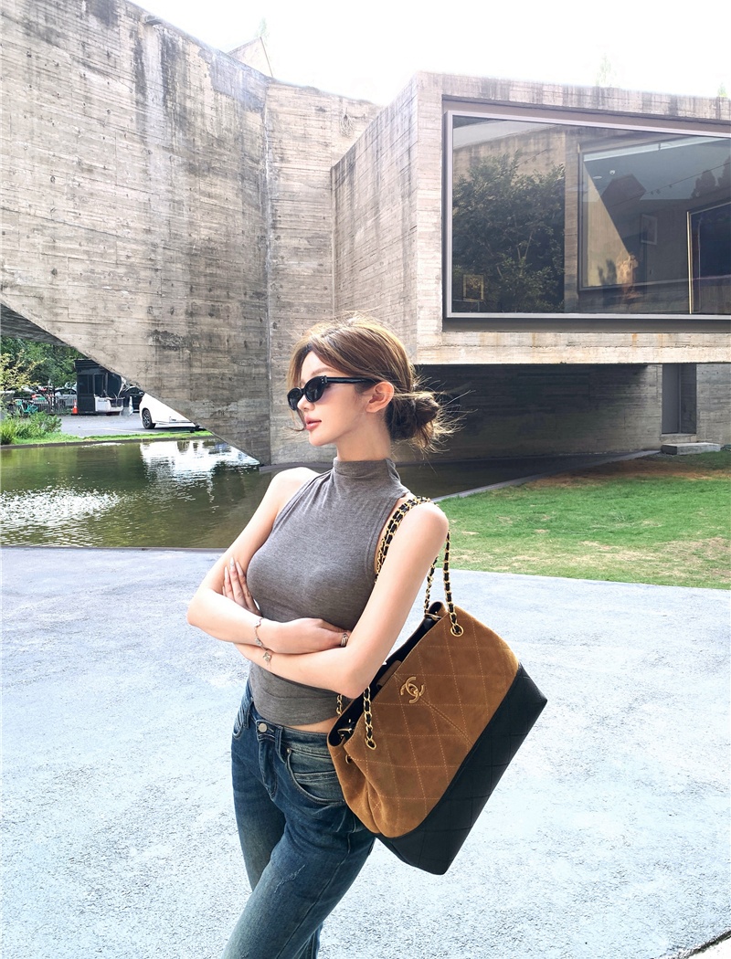 Sleeveless retro tops half high collar jeans a set