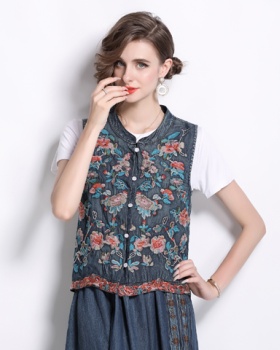 Embroidery denim Chinese style waistcoat for women