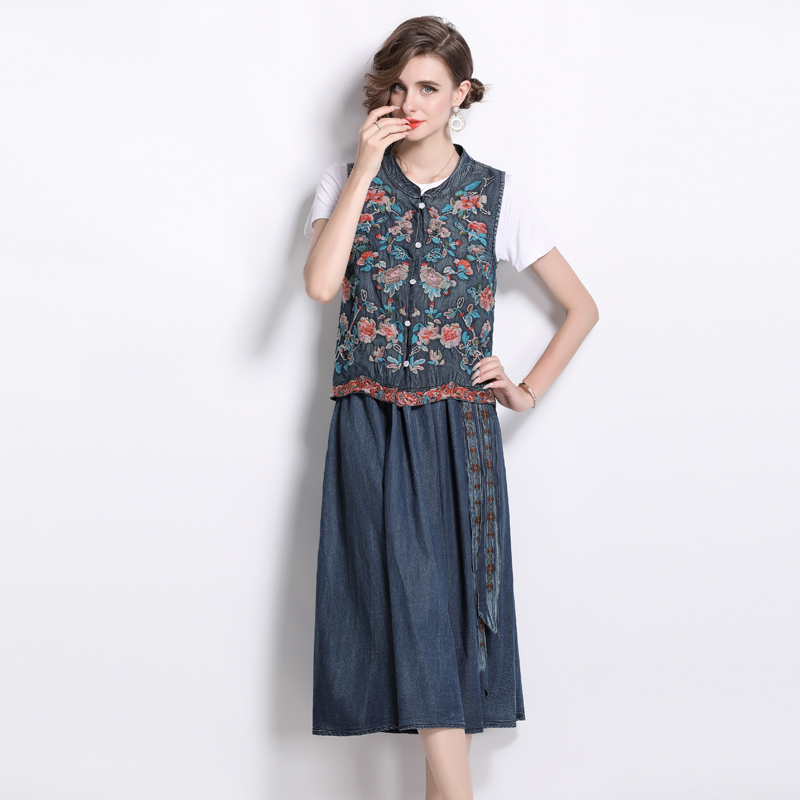Embroidery denim Chinese style waistcoat for women