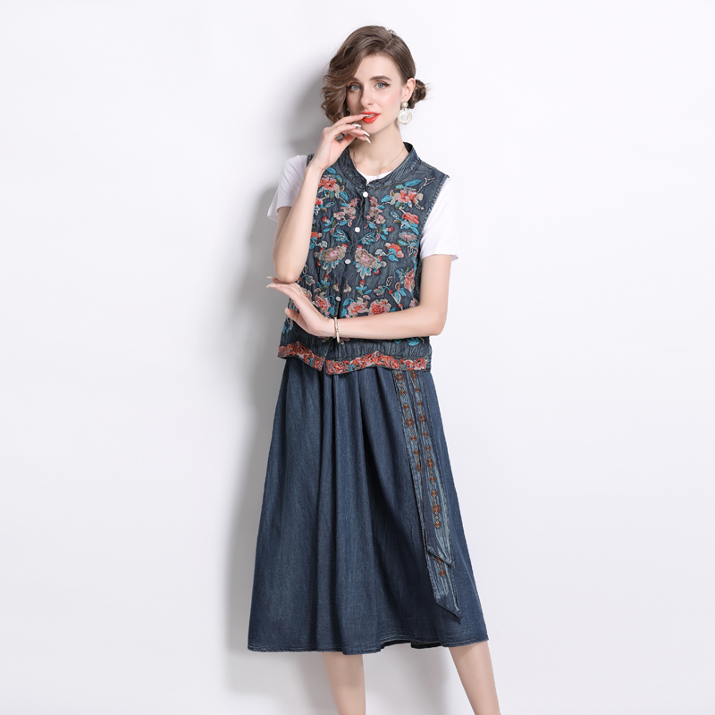 Embroidery denim Chinese style waistcoat for women