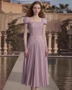Rose spring and autumn hollow embroidery square collar dress
