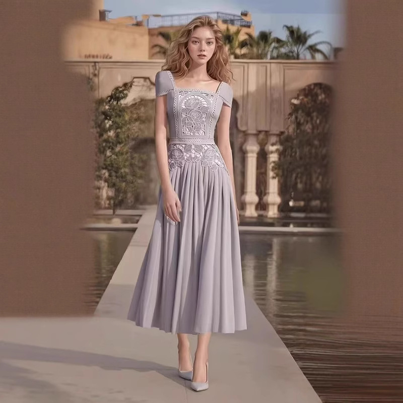 Rose spring and autumn hollow embroidery square collar dress