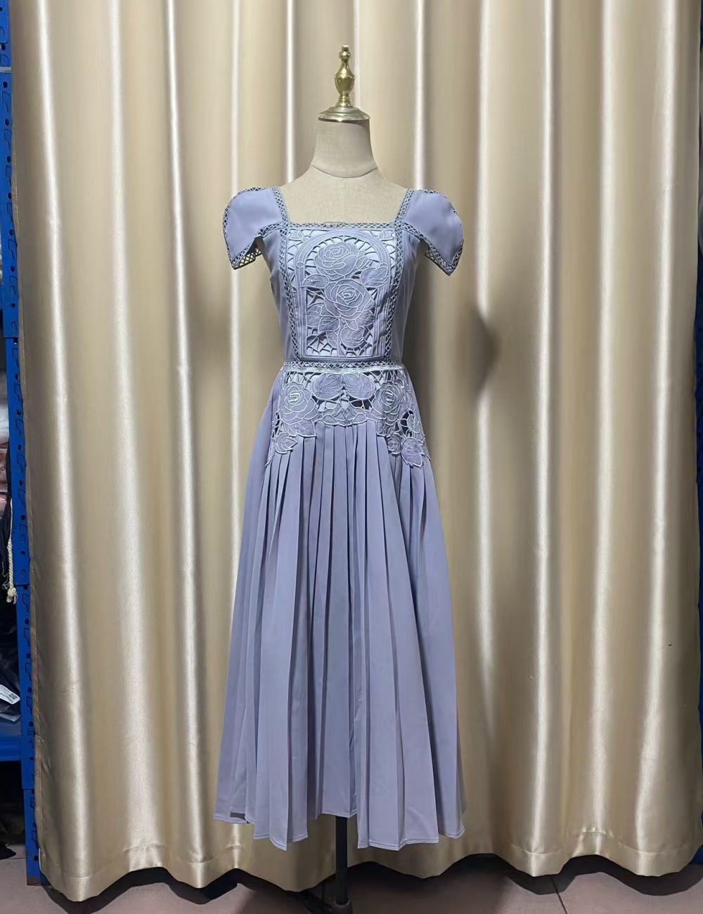 Rose spring and autumn hollow embroidery square collar dress