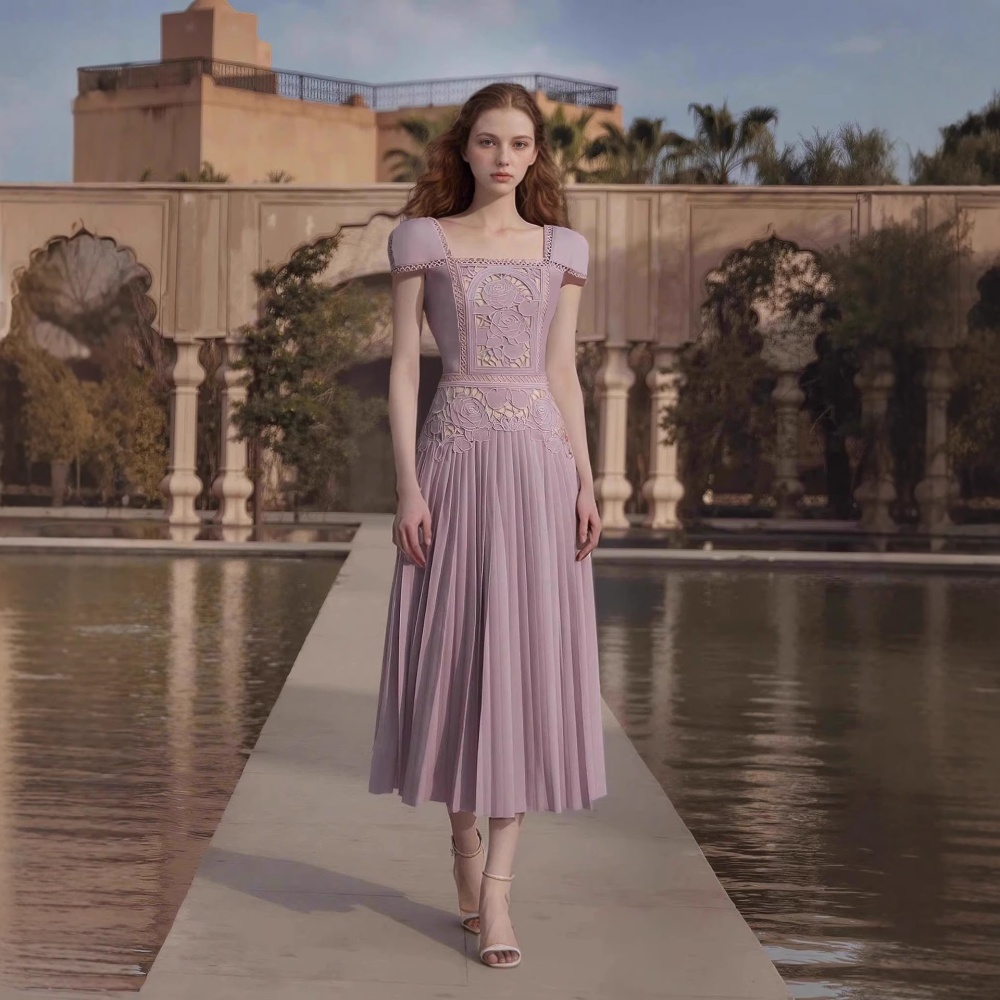 Rose spring and autumn hollow embroidery square collar dress