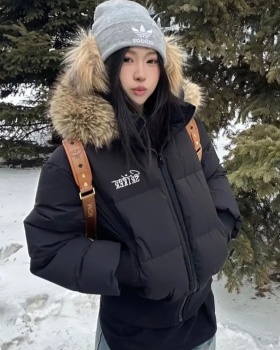 Hooded pinched waist short cotton coat for women