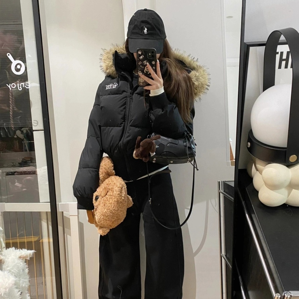 Hooded pinched waist short cotton coat for women
