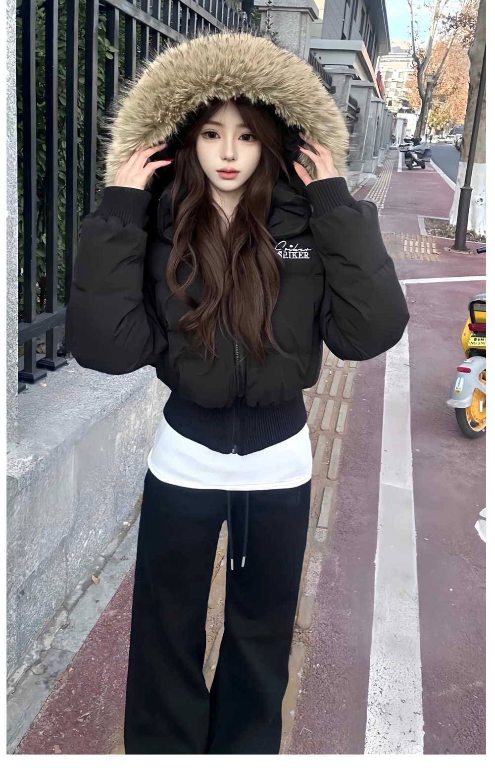 Hooded pinched waist short cotton coat for women