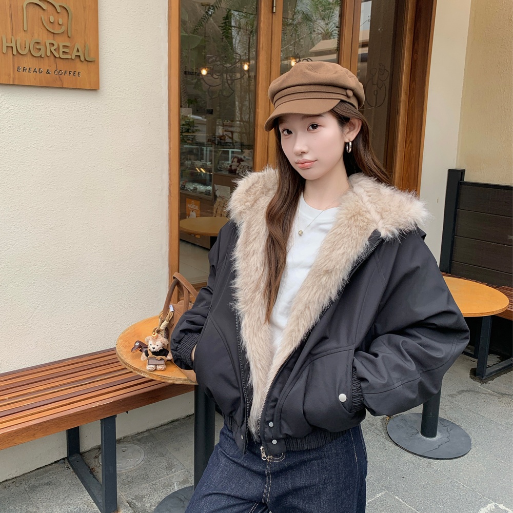 Thick hooded American style plush cotton coat