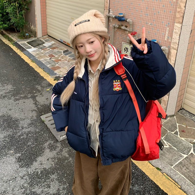 Retro navy-blue coat winter Casual cotton coat