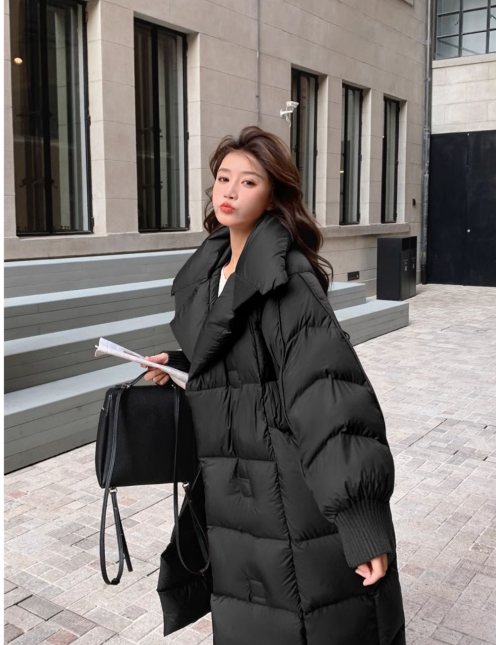 Long down cotton coat large lapel loose coat for women