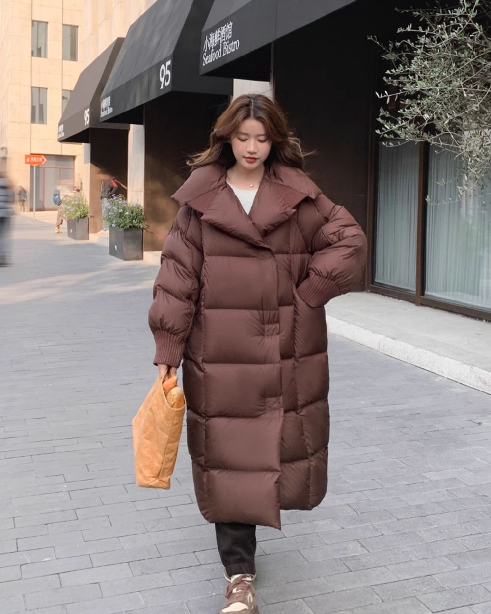 Long down cotton coat large lapel loose coat for women