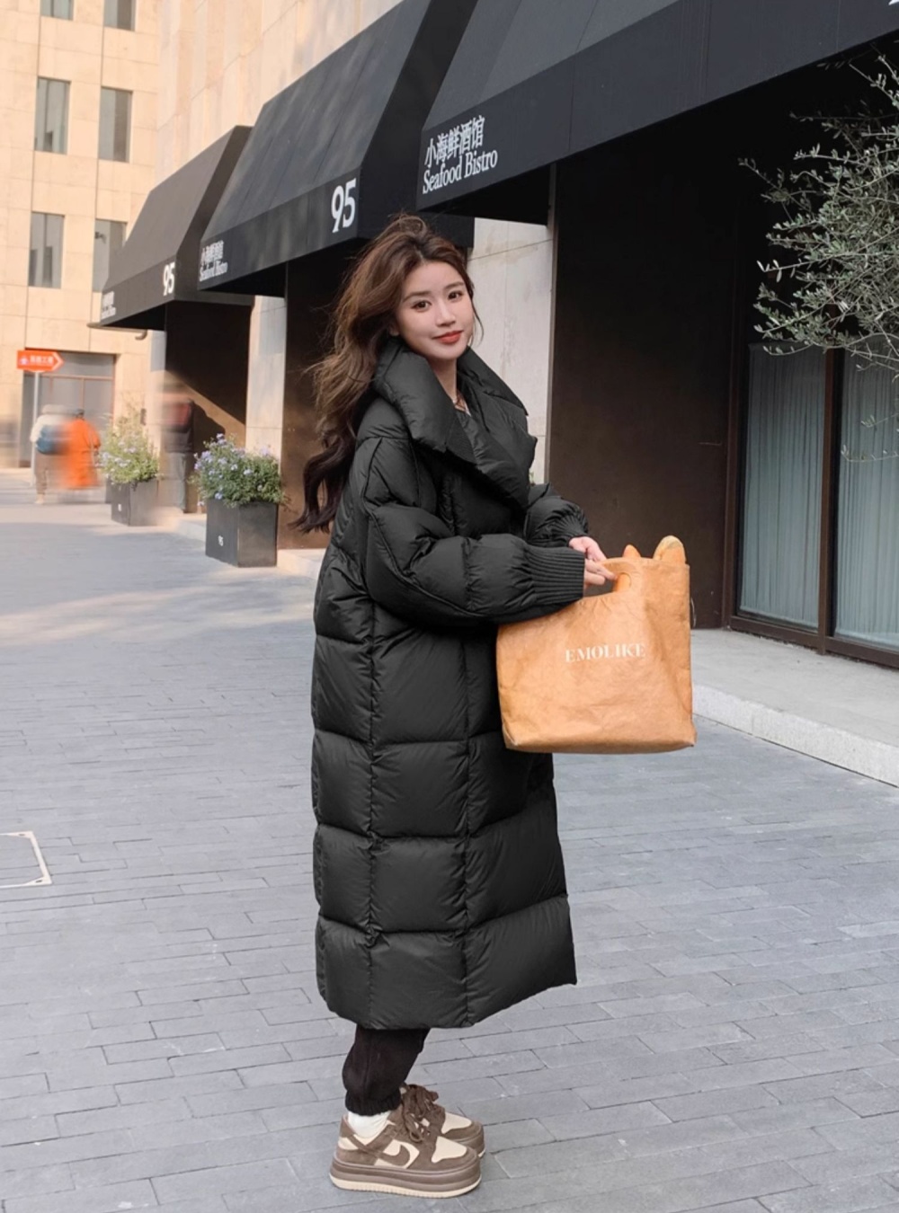 Long down cotton coat large lapel loose coat for women