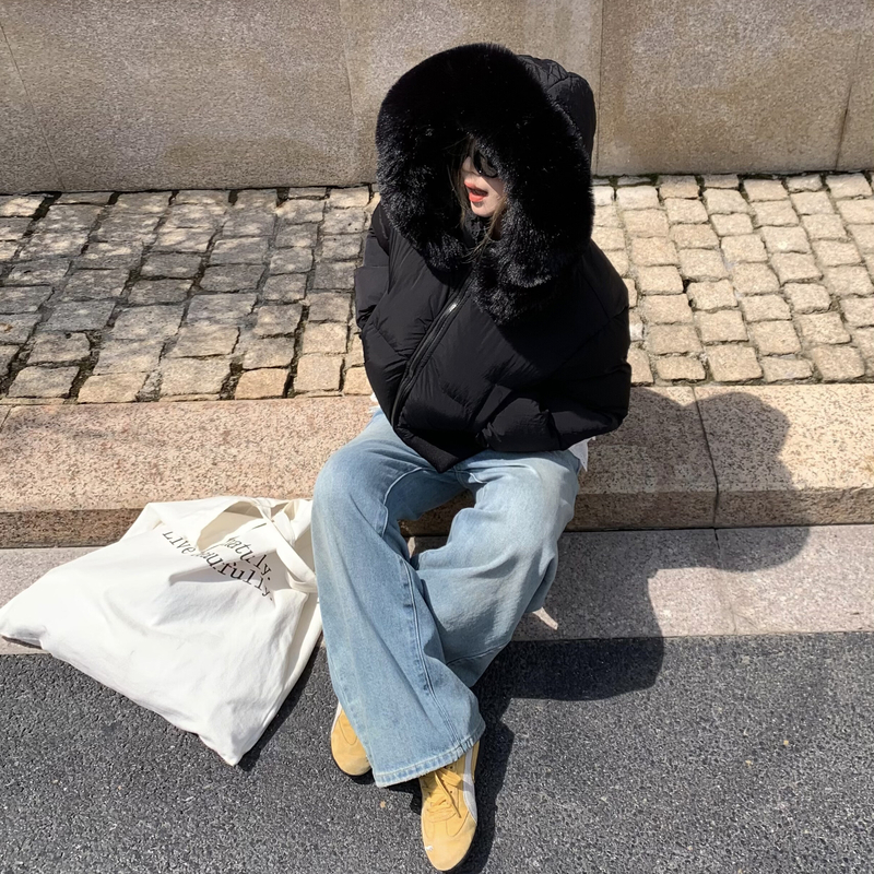 Fur collar hooded down cotton coat